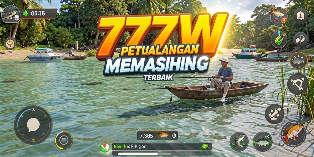 Screenshot menunjukkan gameplay seru saat memancing di 7777W.
