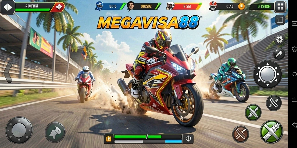 Gameplay seru MEGAVISA88 menampilkan balapan motor yang intens.