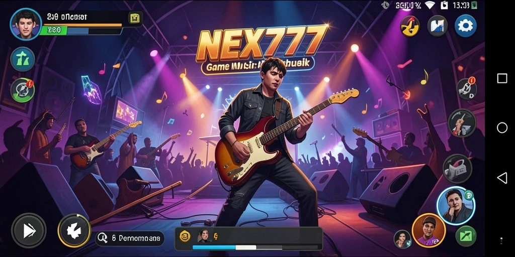 Screenshot menunjukkan gameplay menarik dari NEX777 dengan berbagai pilihan lagu.